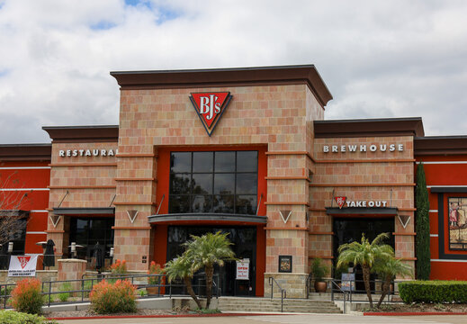 San Diego, CA USA on April 11, 2020. Picture of BJ's Restaurant & Brewhouse  open for take out and delivery only during the cobid-19 pandemic.