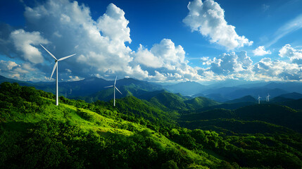 Wind Turbine on Lush Green Mountain Landscape Under Blue Sky