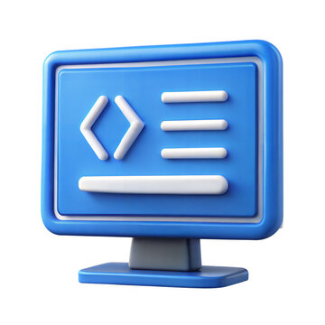 3D Rendered Icon of a Blue Computer Screen Showing Code