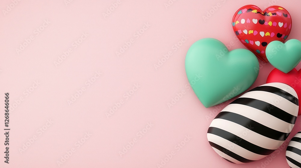 Poster close up studio shot showcasing a vibrant assortment of colorful, heart shaped objects with unique p