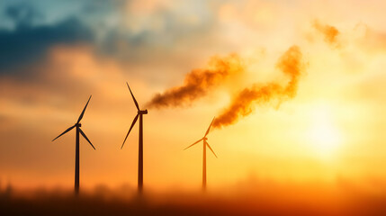 Fototapeta premium Wind Turbines and Smoke at Sunset