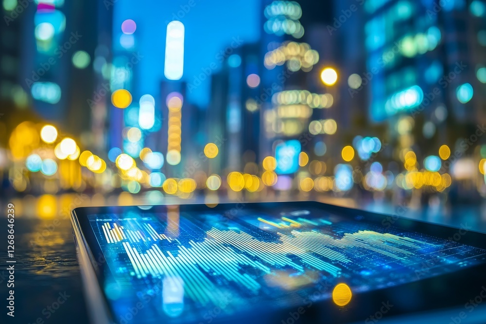 Poster vibrant cityscape at dusk with digital tablet displaying data visuals