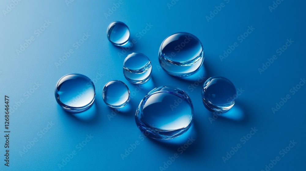 Poster shimmering water droplets delicately rest on a smooth blue surface, capturing and reflecting light i