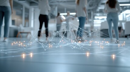 Abstract digital network overlaid on a modern office floor with silhouettes of people.