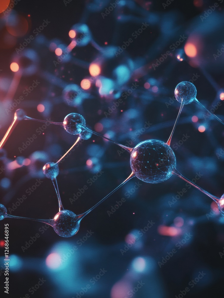 Poster colorful representation of molecular structures with glowing connections in a dark background. gener