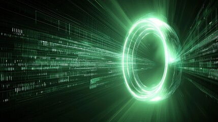 Obraz premium Glowing Green Ring Tunnel Through Digital Code