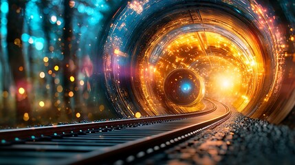 Railroad tracks lead to glowing portal, forest backdrop, futuristic travel