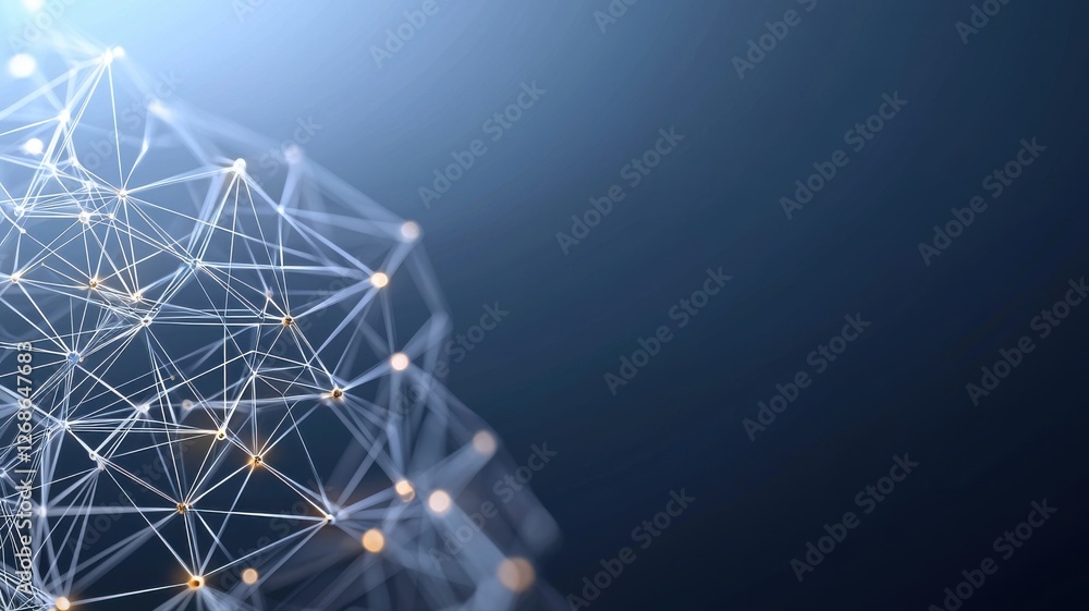 Poster abstract digital network with glowing nodes on dark background, illustrating modern technology and c