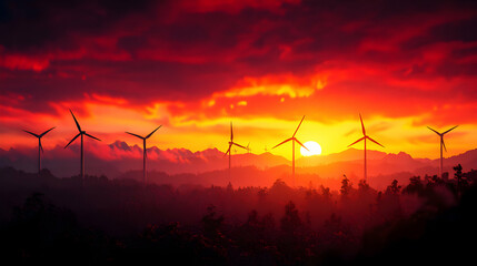 Wind Turbines Silhouetted Against a Vibrant Red Sunset