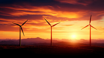 Obraz premium Wind Turbines Silhouetted Against a Vibrant Sunset