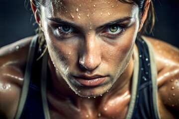Determined female athlete after intense workout strength on her face