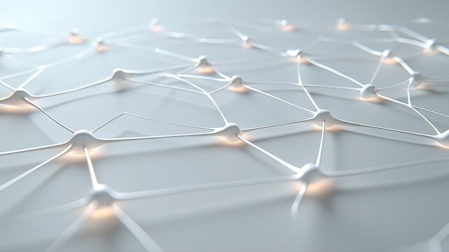 Abstract digital network with glowing nodes on a light background, representing connectivity and data flow.