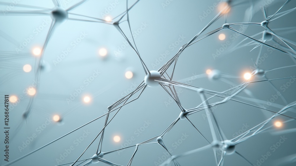 Poster abstract digital neural network, glowing nodes and connections in a light blue background, futuristi