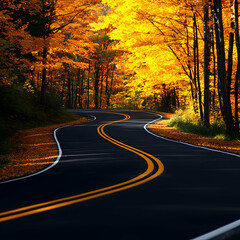Fototapeta premium Winding Asphalt Road Through Vibrant Autumn Forest