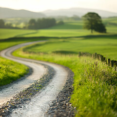 Naklejka premium Winding Country Road Through Lush Green Fields