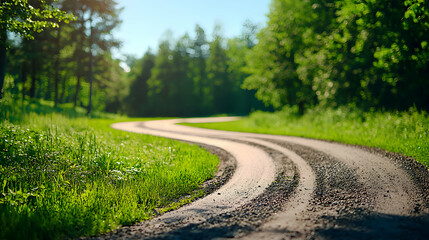 Fototapeta premium Winding Country Road Through Sunlit Green Forest