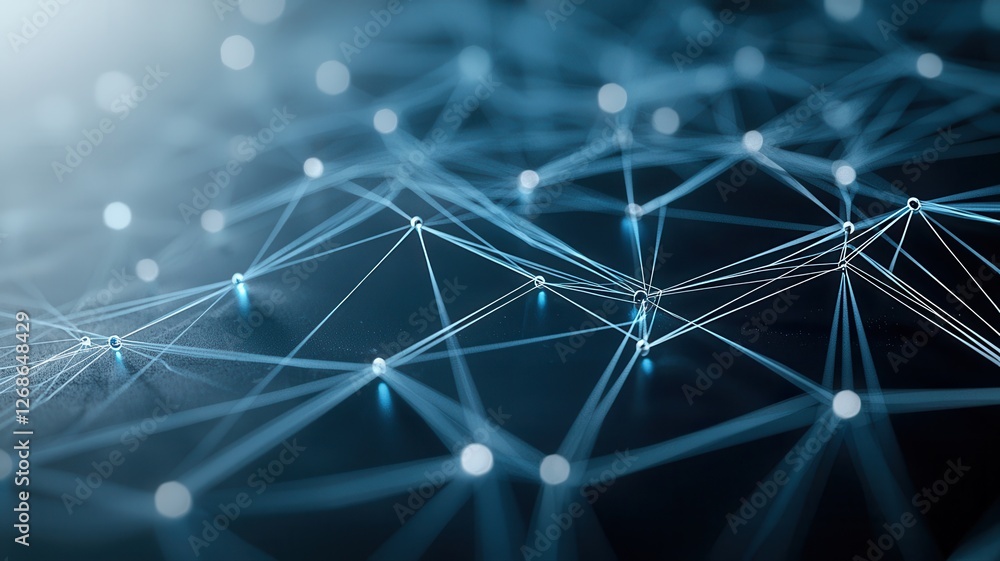 Poster abstract geometric network with glowing connections on dark background, representing digital technol