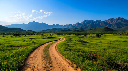 Fototapeta premium Winding Dirt Road Through Lush Green Field and Mountain Range