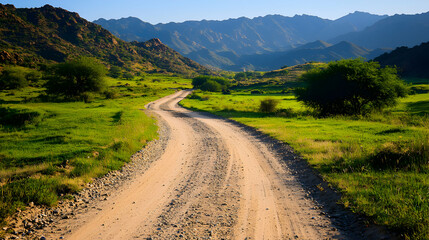 Fototapeta premium Winding Dirt Road Through Lush Green Valley and Mountains