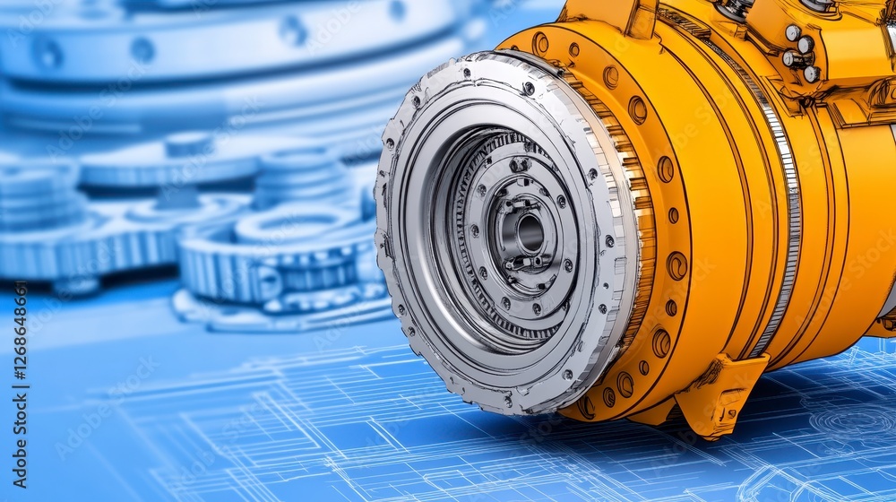 Poster close up view of an intricate orange and silver gear mechanism resting on a blueprint. a backdrop fe