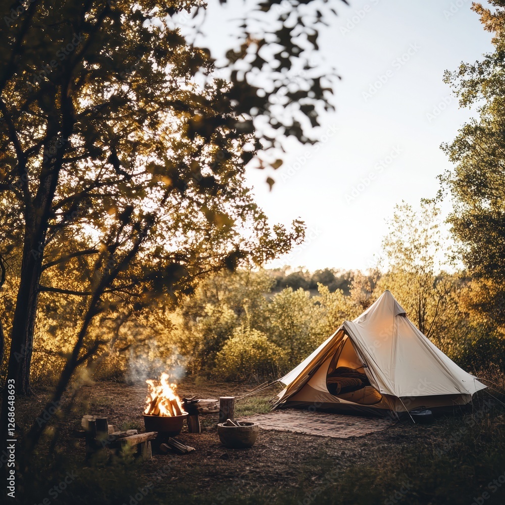 Poster cozy camping setup with tent and fire in a tranquil forest during sunset. generative ai