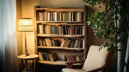 Cozy Reading Nook with Bookshelf and Soft Lighting in Warm Interior Space