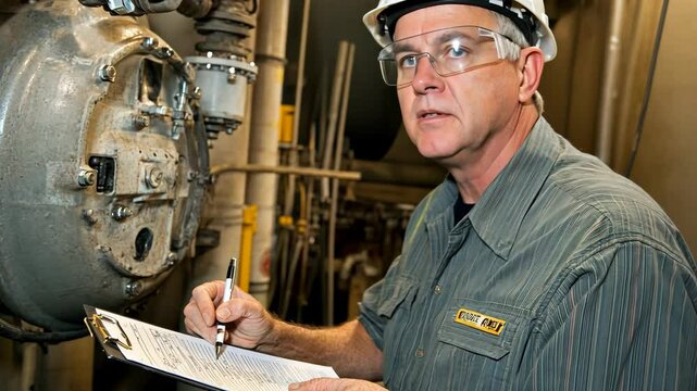 Industrial worker conducting maintenance inspection at manufacturing facility in daytime
