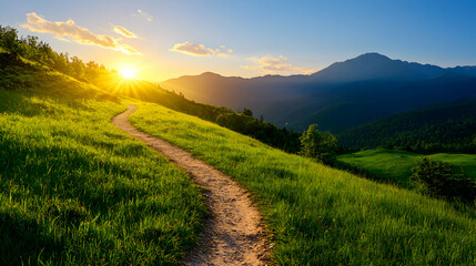 Fototapeta premium Winding Path Through a Lush Green Hillside at Sunset
