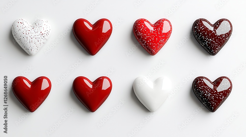 Aufkleber eight heart shaped objects in red, white, and chocolate variations, arranged in a grid pattern on a 