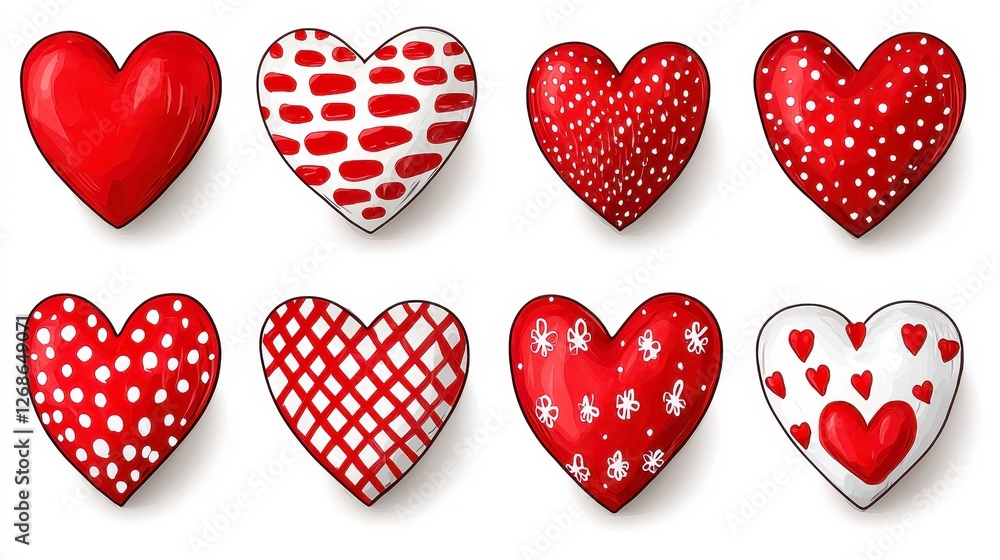 Poster collection of eight red and white hearts with various patterns. each heart features a unique design,