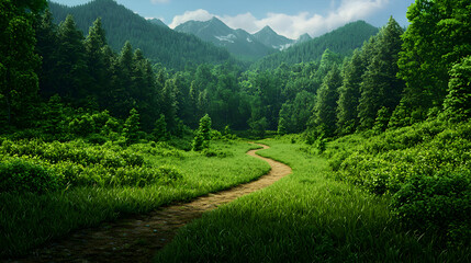 Fototapeta premium Winding Path Through Lush Green Forest and Mountains