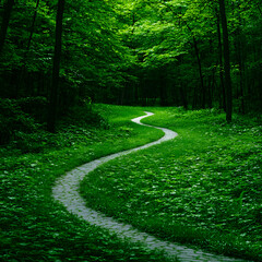Obraz premium Winding Path Through Lush Green Forest