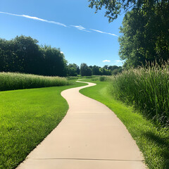 Naklejka premium Winding Path Through Lush Green Summer Landscape