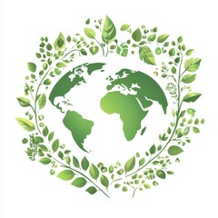 Green earth icon with leaves symbolizing eco awareness in flat design isolated on white background