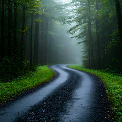 Obraz premium Winding Road Through Foggy Green Forest