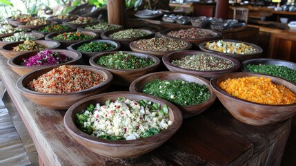 An assortment of fresh vegetable salads and grain-based dishes displayed at a restaurant buffet, perfect for a healthy lunch or dinner.