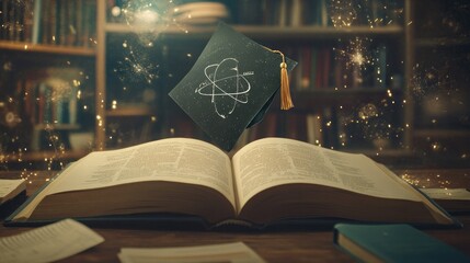An open science book with a graduation cap placed on its pages, illustrating the journey of education leading to graduation