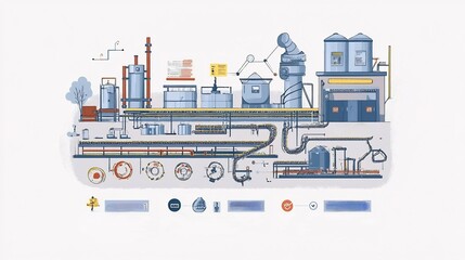 Fototapeta premium Abstract infographic illustrating resource optimization in manufacturing processes with icons for supply chain and production lines
