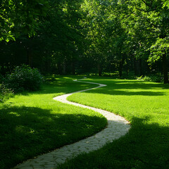 Fototapeta premium Winding Stone Path Through Lush Green Garden