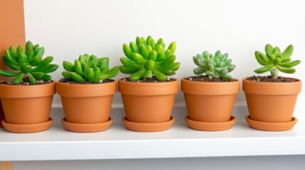 Obraz premium Five succulents in terracotta pots arranged on a white shelf. Bright, natural light illuminates the scene, highlighting the vibrant green foliage and