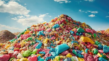 Fototapeta premium An overflowing landfill site filled with colorful mounds of food waste, highlighting the environmental impact of food disposal