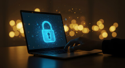 Cybersecurity Concept with Digital Lock on Laptop Screen