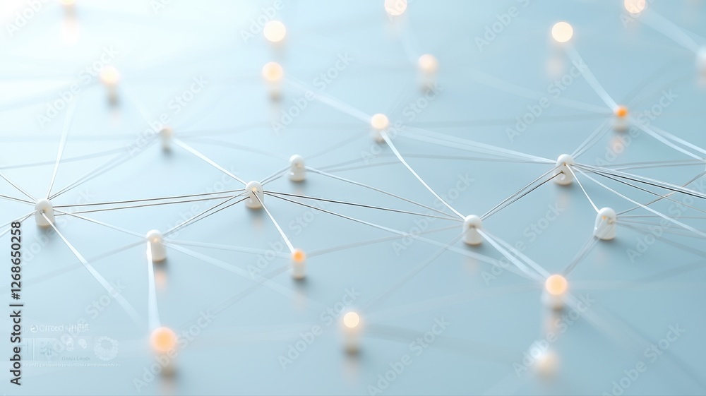 Poster abstract network nodes connected by lines on a light blue background, symbolizing communication and 