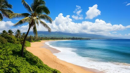 Stunning Tropical Beach Scene Golden Sand Meets Turquoise Ocean Under a Sunny Sky