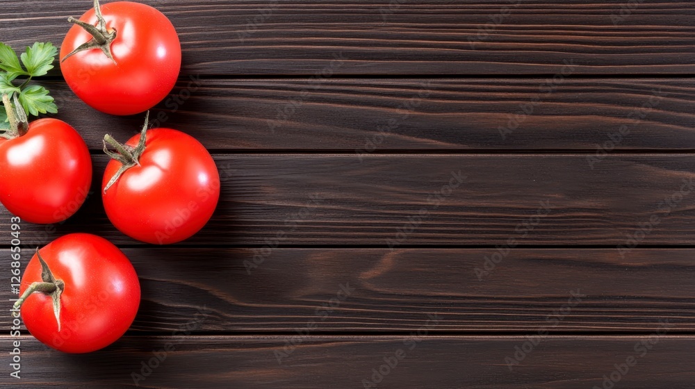 Aufkleber four ripe red tomatoes and a sprig of fresh herbs rest on a dark brown wooden surface, creating a ru