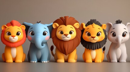 Obraz premium Row of Toy Lions and Elephants Featuring Orange Brown and Blue on Grey Background