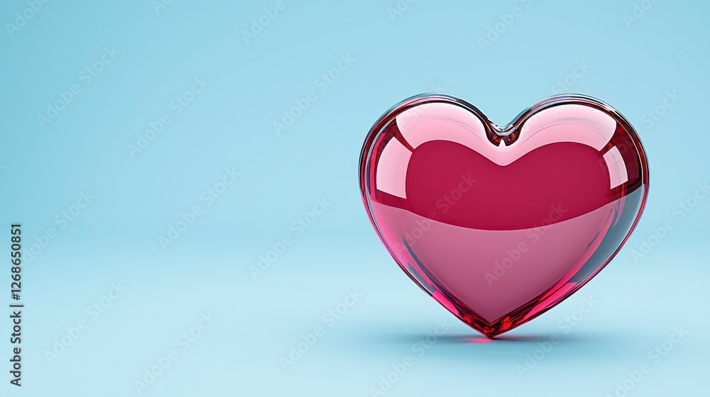 Poster close up view of a gleaming red glass heart on a light blue surface. the heart reflects light creati