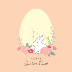 Easter card with a frame of eggs, a bunny, and flowers. Greeting card. Vector illustration.