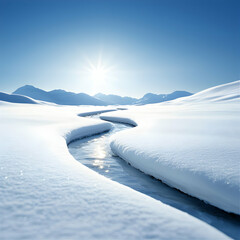 Obraz premium Winter River Landscape: Snow Covered Stream And Mountains Under Bright Sunlight