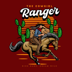 Cowgirl Ranger Riding Horse in Western Vintage Illustration for poster, flyer, social media, web pages, print media, greeting card, invitation, banner, t-shirt design